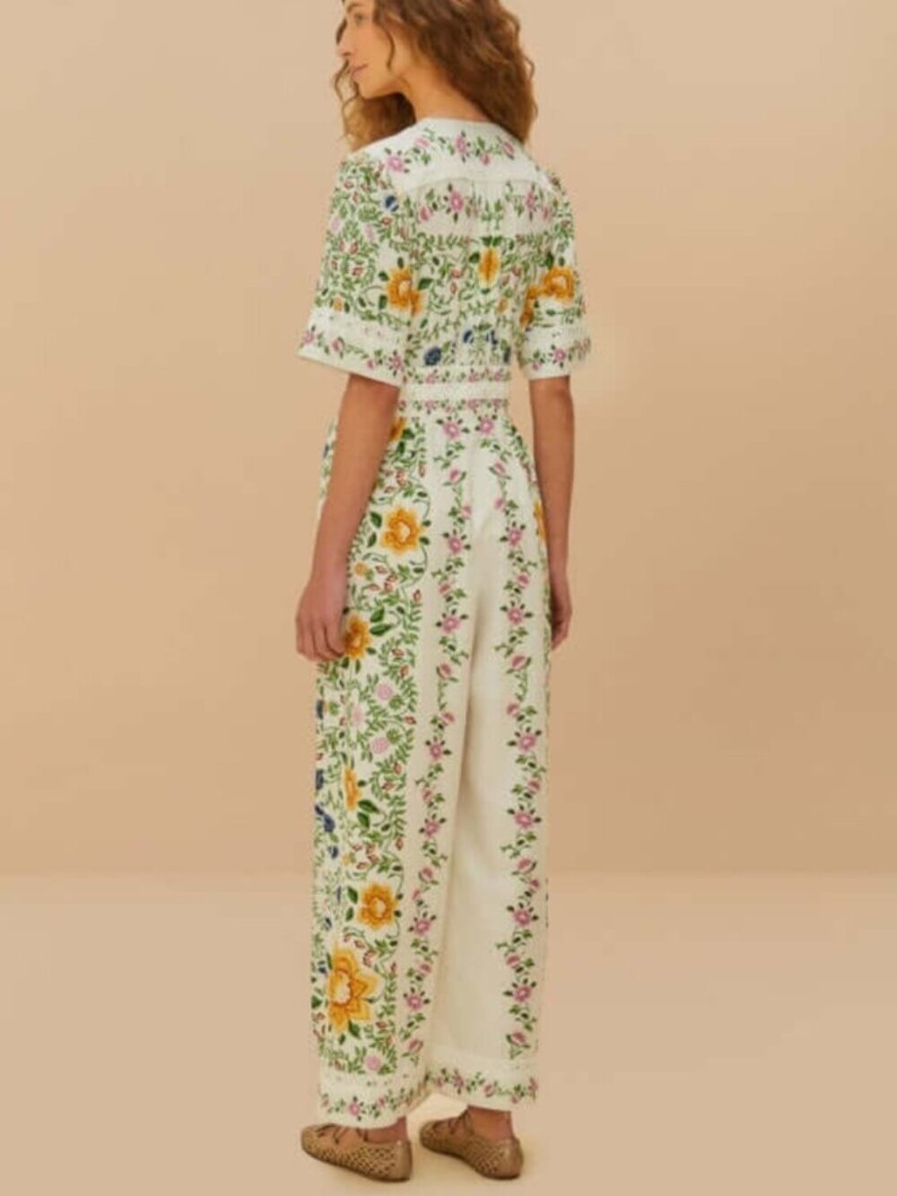 FARM Rio Off-white Folk Floral Lenzing Ecovero Euroflax Jumpsuit - Picture 3 of 5